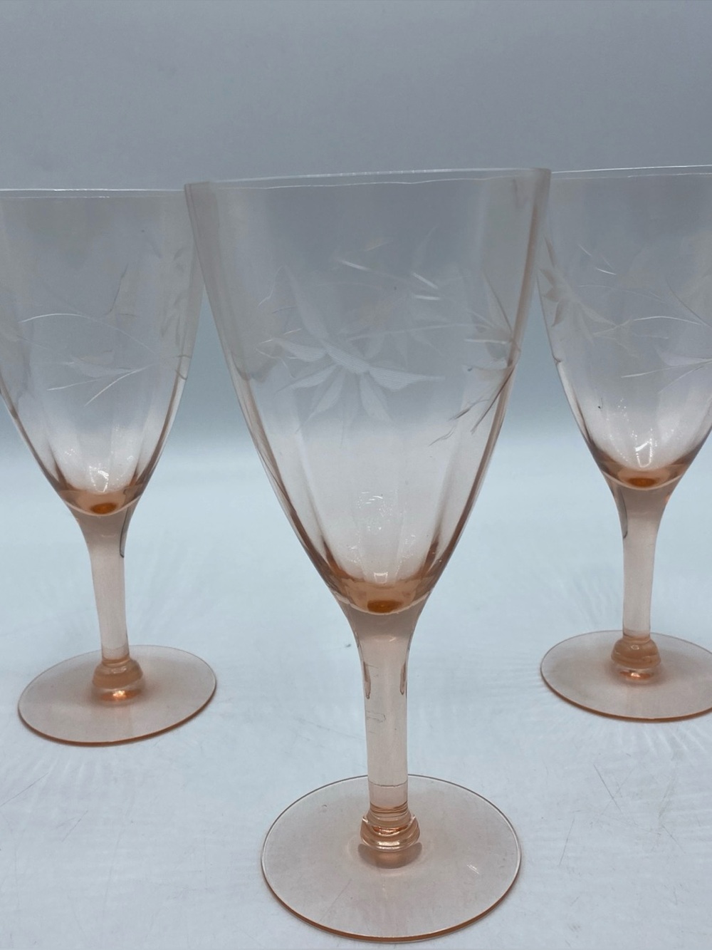 Antique Pink Depression Glass Wine Glasses, etched floral design, set of 3